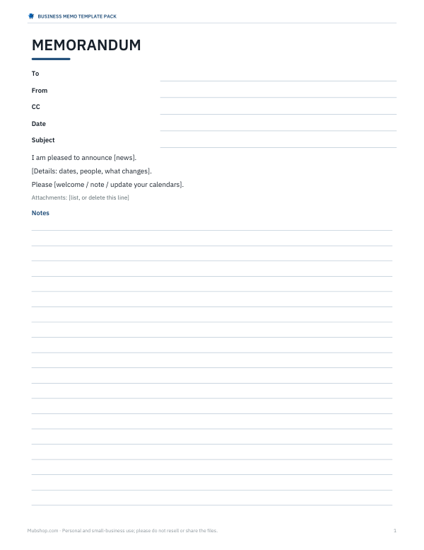 Preview of Printable Memo Announcement Template