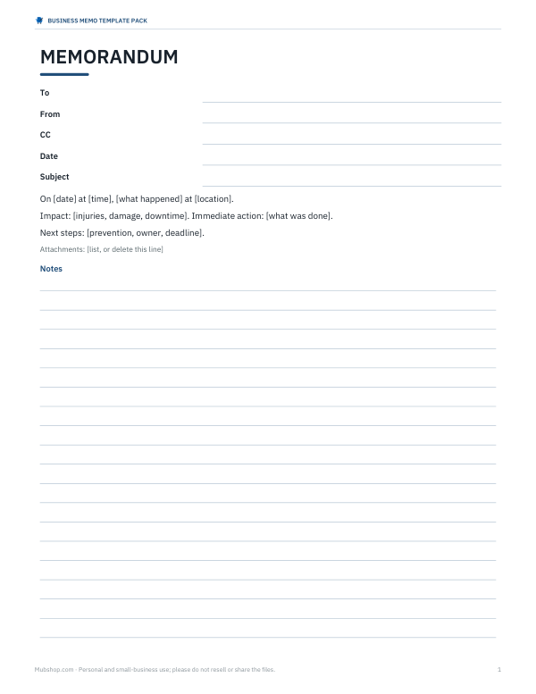 Preview of Printable Incident Report Memo Template
