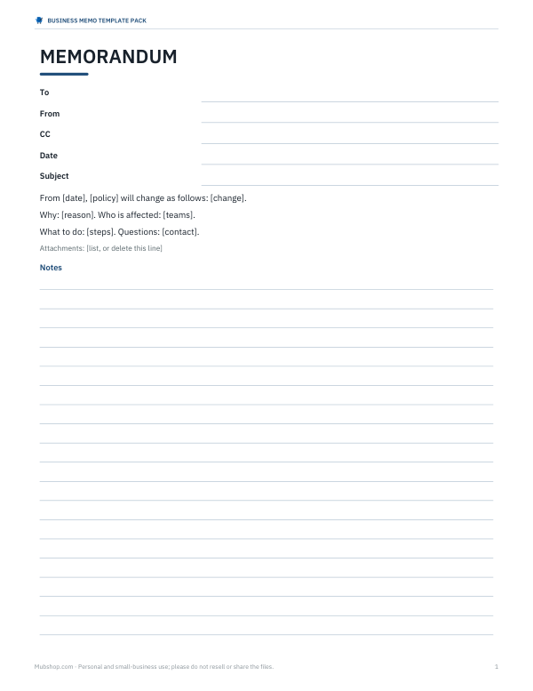 Preview of Printable Policy Update Memo Template