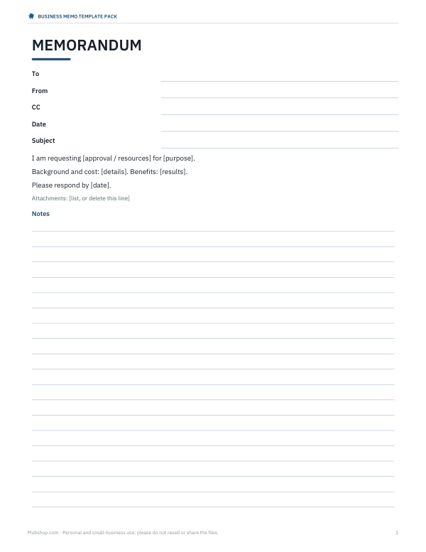 Preview of Printable Request Memo Template