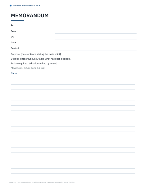 Preview of Printable Memo Template